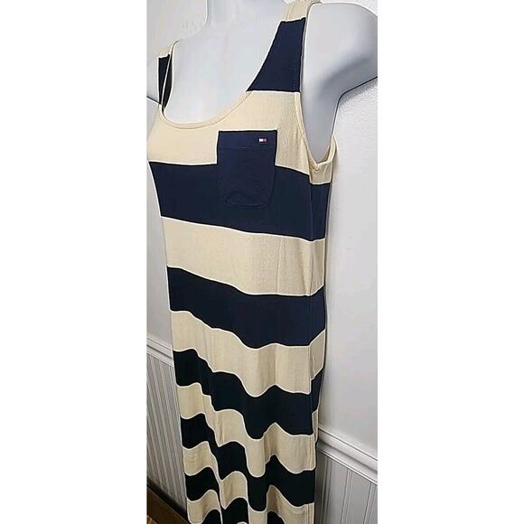Tommy Hilfiger Tank Dress M Blue Cream Logo Stripe Nautical Maxi Stretch Knit - Picture 2 of 9